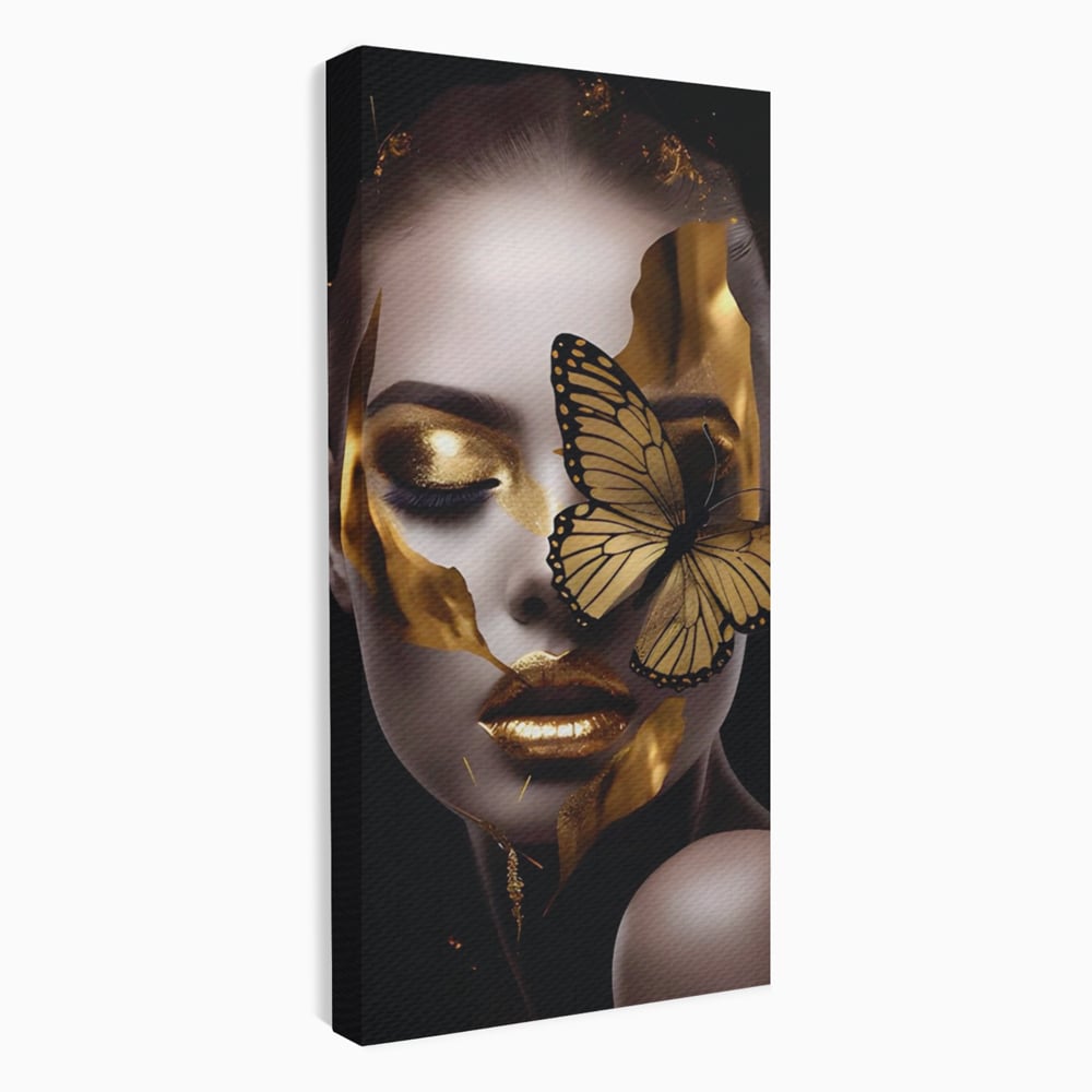 Tablou canvas cu tablou canvas cu portret de femeie si fluture auriu, fara rama, pe sasiu de lemn